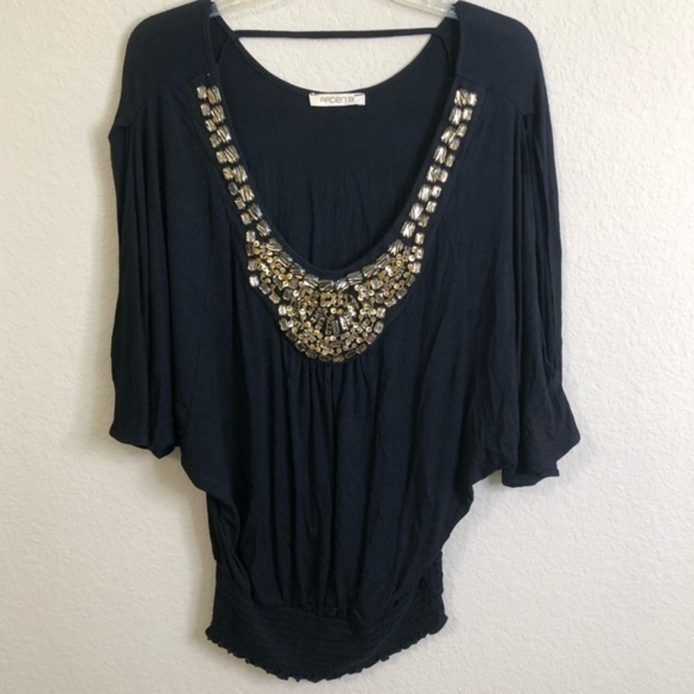 Arden B Top Black Gold Stones Sequins Oversized Vintage 1990s Y2K 2000s Glitz